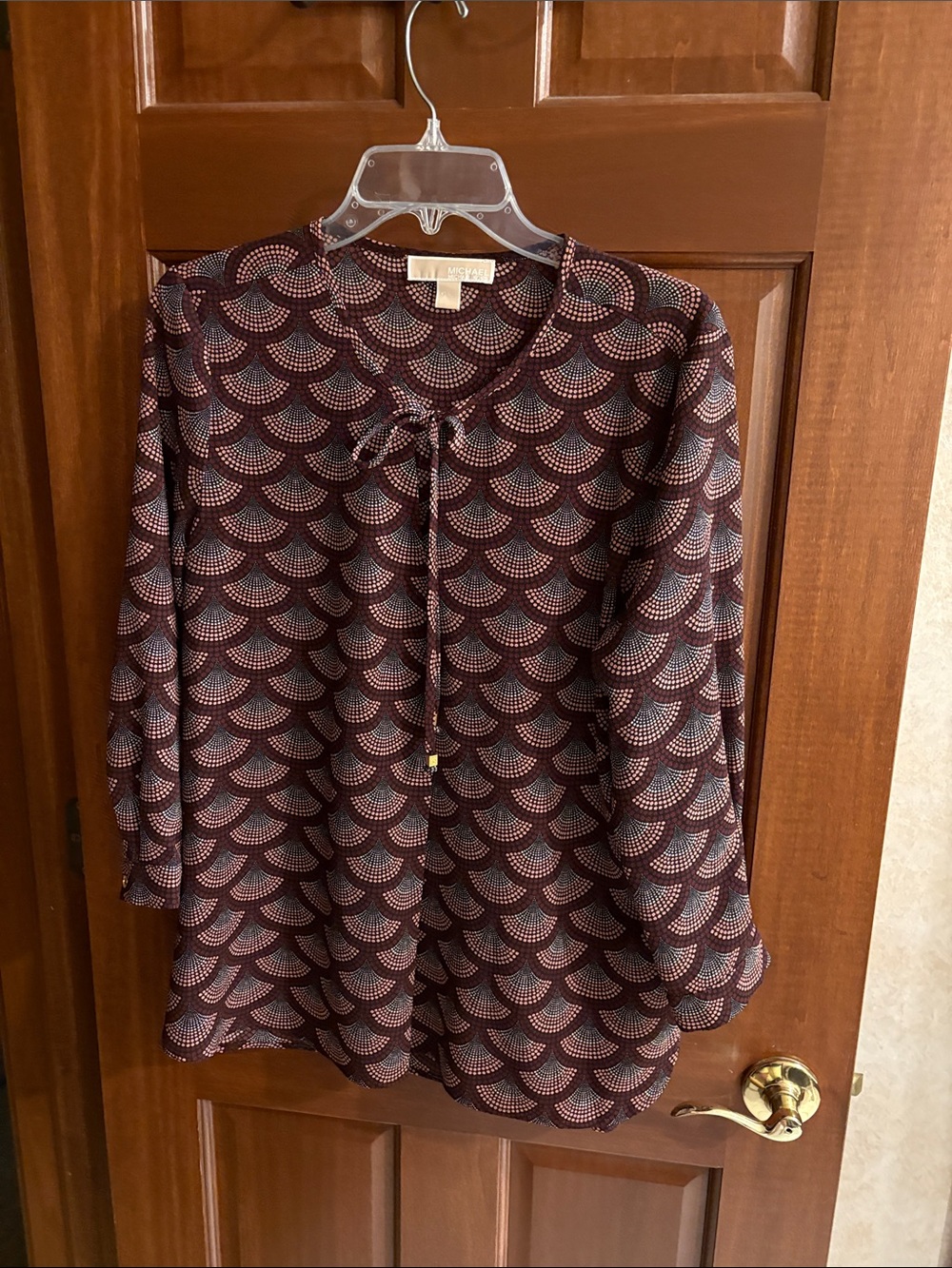 MICHAEL Michael Kors Maroon Scallop-Print Tie-Neck Blouse, Sz Large